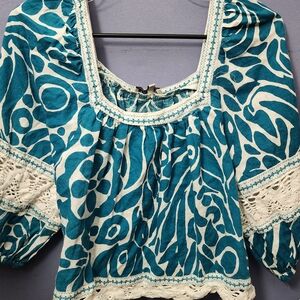 Rachel Zoe Teal and White Patterned Blouse